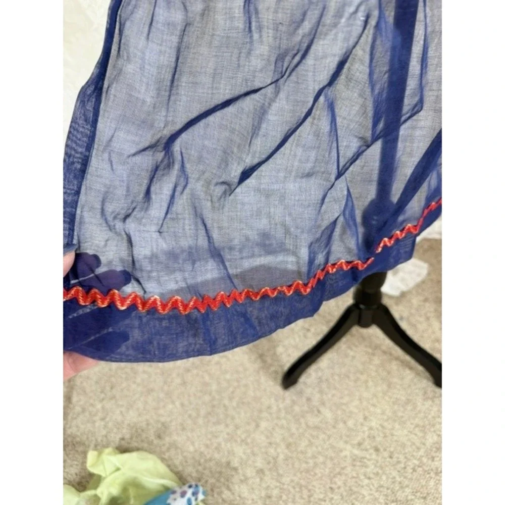 Vintage Sheer Navy Blue Half Apron Red Rick Rack Trim Pocket Retro Kitchen